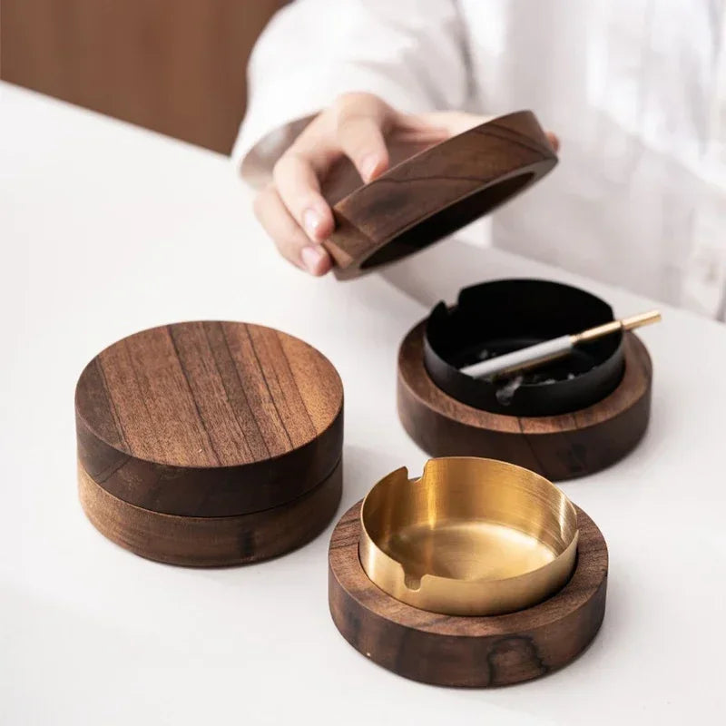 COY - Cendrier Rond en Noyer et Inox